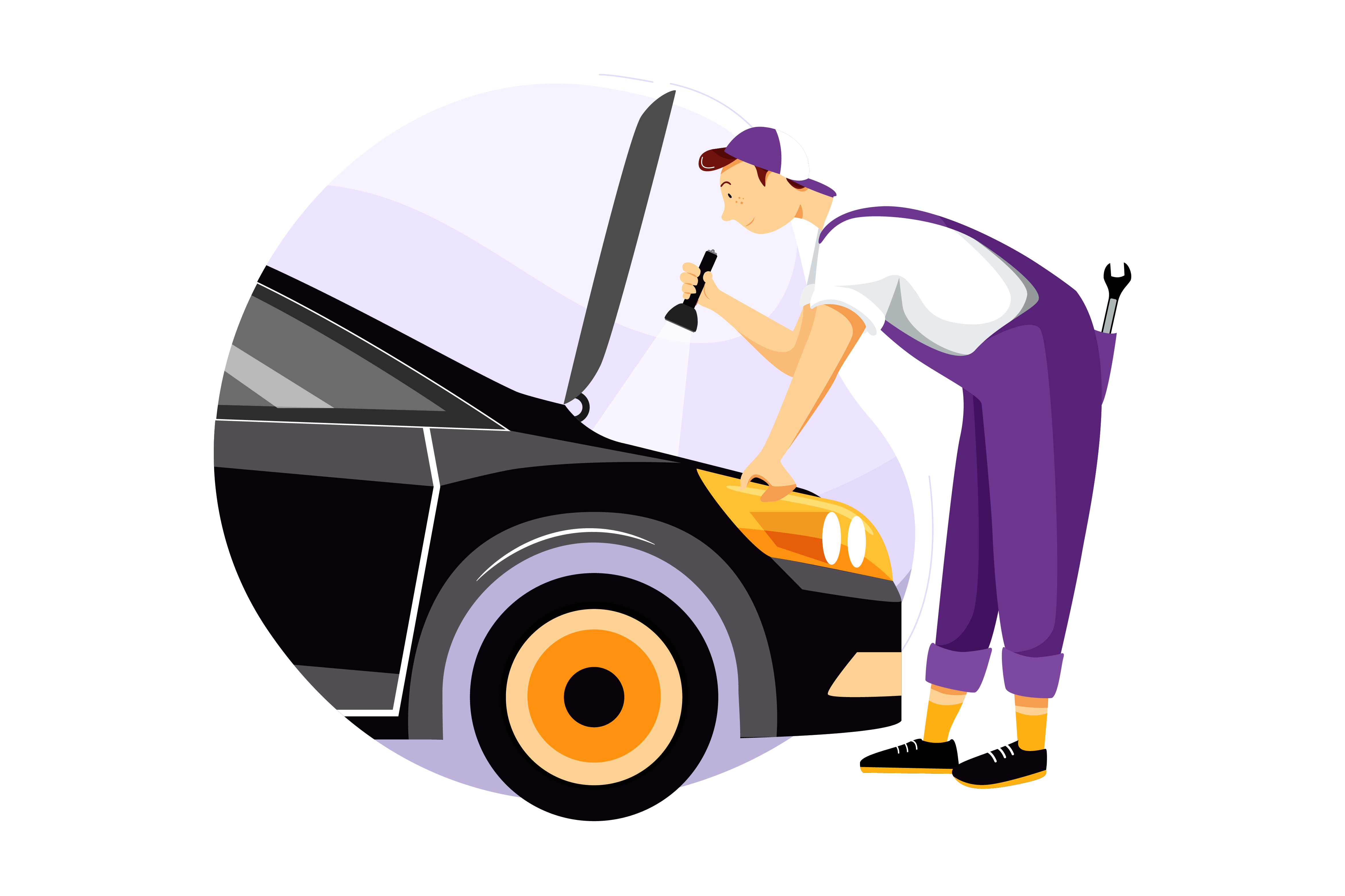 illustrazione vettoriale di un meccanico che apre cofano di una auto